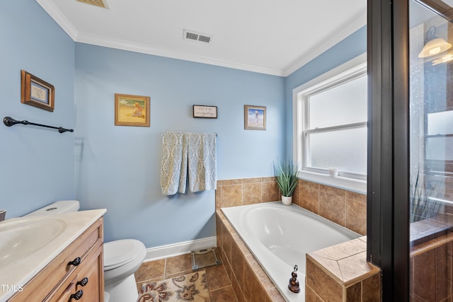 2027 River Grove Ln, Knightdale, NC 27545 - bathroom with a garden tub, crown molding, and vanity
