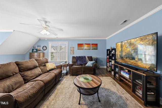 2027 River Grove Ln, Knightdale, NC 27545 - living room with wood finished floors, ceiling fan, and crown molding