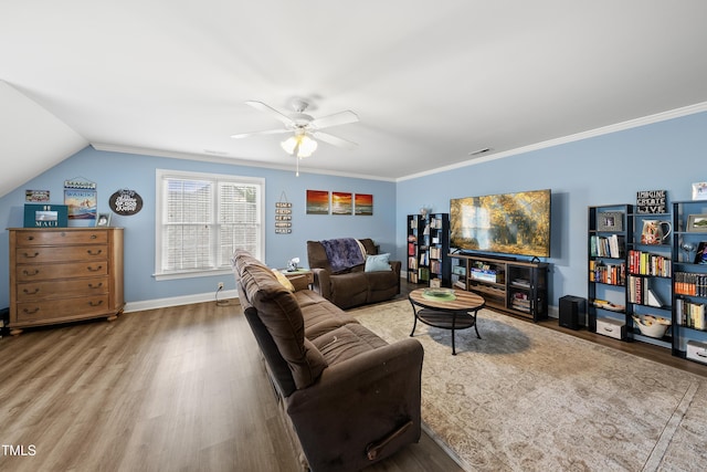 2027 River Grove Ln, Knightdale, NC 27545 - living room with wood finished floors, ceiling fan, and ornamental molding