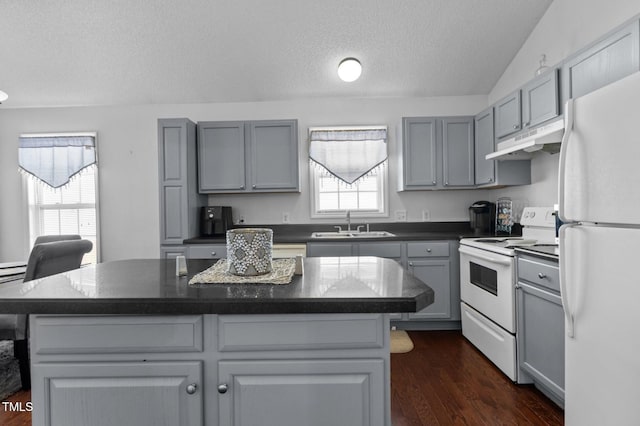 4505 Woodlawn Dr, Raleigh, NC 27616 - kitchen featuring white appliances, under cabinet range hood, gray cabinets, a textured ceiling, and dark countertops
