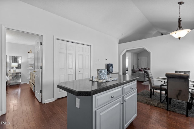 4505 Woodlawn Dr, Raleigh, NC 27616 - kitchen featuring dark countertops, lofted ceiling, dark wood-style floors, open floor plan, and hanging light fixtures