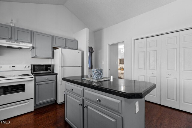 4505 Woodlawn Dr, Raleigh, NC 27616 - kitchen with white appliances, under cabinet range hood, gray cabinetry, lofted ceiling, and dark wood finished floors