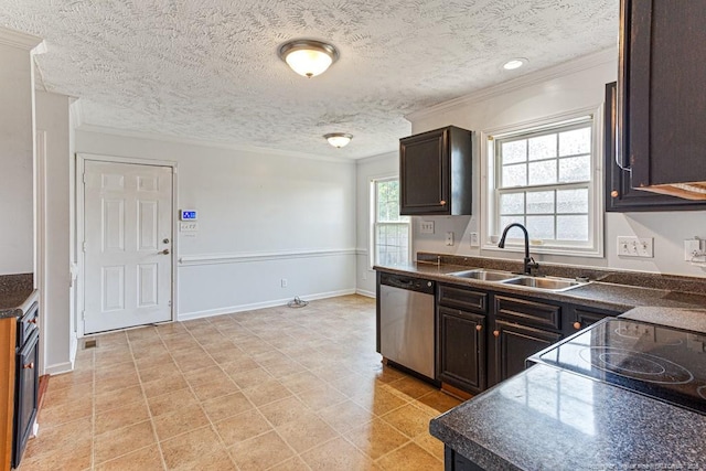 5228 Wallbrook Dr, Fayetteville, NC 28306 - kitchen featuring stainless steel dishwasher, dark countertops, ornamental molding, a textured ceiling, and dark brown cabinets