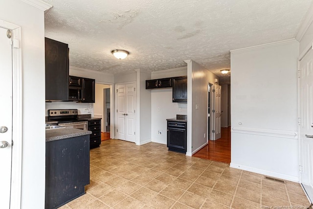 5228 Wallbrook Dr, Fayetteville, NC 28306 - kitchen with electric range, dark countertops, a textured ceiling, and ornamental molding
