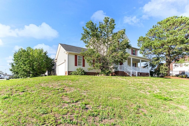 5228 Wallbrook Dr, Fayetteville, NC 28306 - view of front of house featuring covered porch, a front yard, a garage, and crawl space