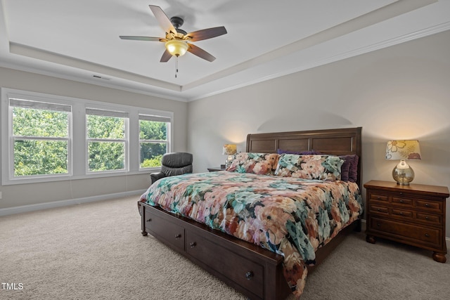 317 Striped Maple Ct, Apex, NC 27539 - bedroom featuring light carpet, a raised ceiling, and a ceiling fan
