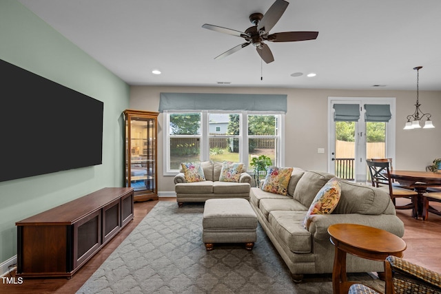 317 Striped Maple Ct, Apex, NC 27539 - living area with recessed lighting, ceiling fan, dark wood-style floors, and french doors