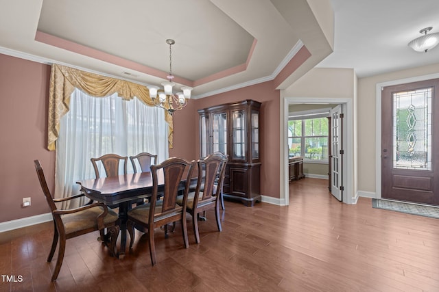 317 Striped Maple Ct, Apex, NC 27539 - dining area featuring a chandelier, wood finished floors, a tray ceiling, and ornamental molding