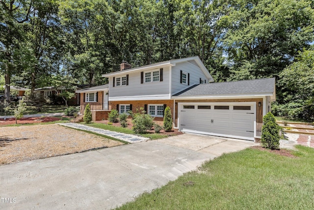 4404 Susan Dr, Raleigh, NC 27603 - tri-level home featuring brick siding, concrete driveway, an attached garage, and a chimney