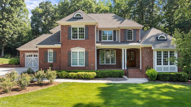 1028 Harpers Ridge Ct, Wake Forest, NC 27587 - view of front of property with a front lawn, covered porch, a garage, and brick siding