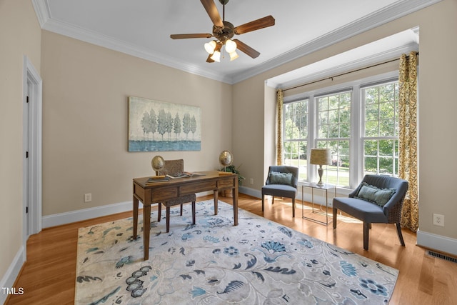 1028 Harpers Ridge Ct, Wake Forest, NC 27587 - office area featuring crown molding, ceiling fan, and wood finished floors