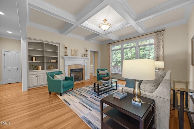 1028 Harpers Ridge Ct, Wake Forest, NC 27587 - living room with light wood-type flooring, a tile fireplace, beamed ceiling, coffered ceiling, and recessed lighting
