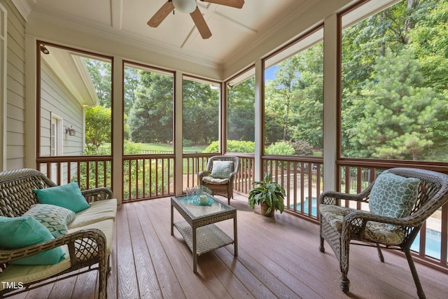 1028 Harpers Ridge Ct, Wake Forest, NC 27587 - sunroom featuring ceiling fan, healthy amount of natural light, and view of wooded area