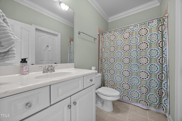 1028 Harpers Ridge Ct, Wake Forest, NC 27587 - bathroom with vanity, ornamental molding, tile patterned floors, and curtained shower