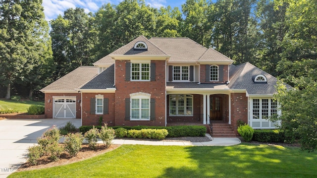 1028 Harpers Ridge Ct, Wake Forest, NC 27587 - view of front of house with covered porch, concrete driveway, a garage, and a front yard