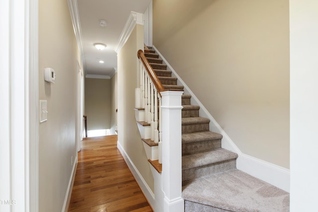 307 Beacon Falls Ct, Cary, NC 27519 - staircase featuring crown molding and wood finished floors
