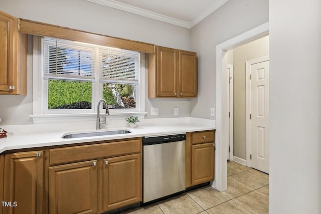 212 Cross Keys Ct, Cary, NC 27511 - kitchen with dishwasher, light tile patterned floors, ornamental molding, light countertops, and brown cabinetry