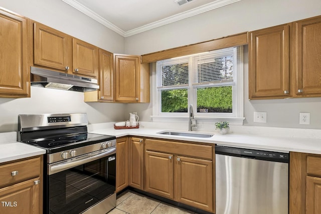 212 Cross Keys Ct, Cary, NC 27511 - kitchen featuring stainless steel appliances, under cabinet range hood, ornamental molding, light countertops, and brown cabinetry