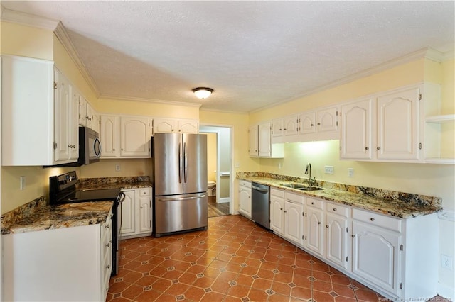 1612 Hennessy Pl, Fayetteville, NC 28303 - kitchen with appliances with stainless steel finishes, white cabinets, crown molding, a textured ceiling, and open shelves