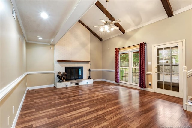 1612 Hennessy Pl, Fayetteville, NC 28303 - unfurnished living room featuring ceiling fan, a brick fireplace, wood finished floors, and ornamental molding