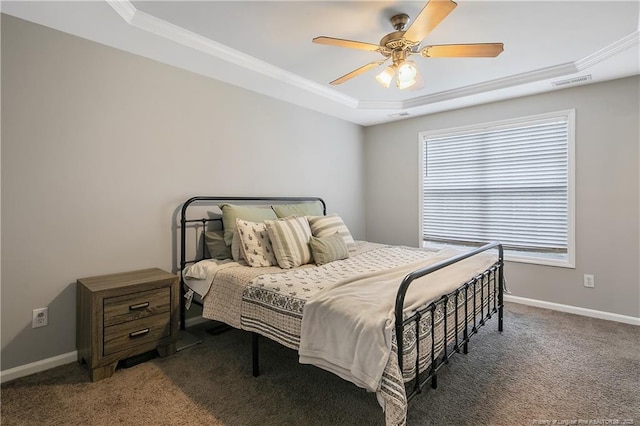 69 Ribbon Oak Ct, Sanford, NC 27332 - bedroom featuring a raised ceiling, ornamental molding, carpet flooring, and ceiling fan