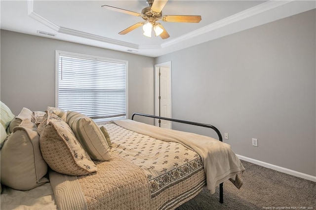 69 Ribbon Oak Ct, Sanford, NC 27332 - bedroom with a raised ceiling, light carpet, ornamental molding, and a ceiling fan