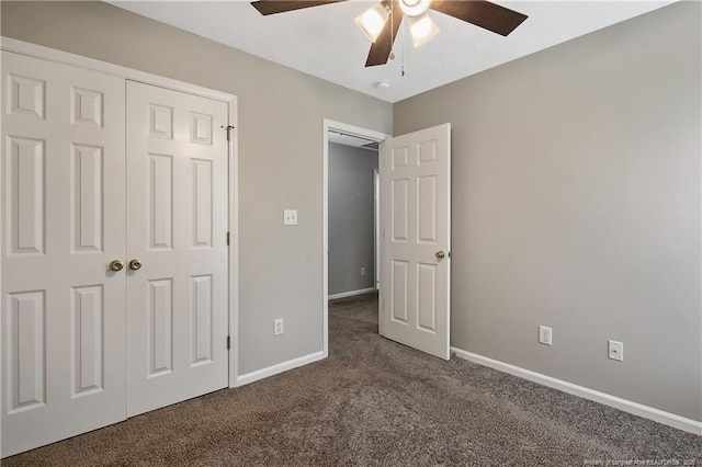 69 Ribbon Oak Ct, Sanford, NC 27332 - unfurnished bedroom featuring dark colored carpet, a closet, and ceiling fan