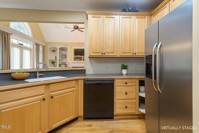 1016 Pasture View Ln, Raleigh, NC 27603 - kitchen with stainless steel fridge with ice dispenser, black dishwasher, light brown cabinetry, lofted ceiling, and backsplash