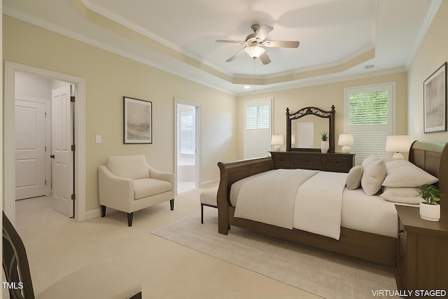 1016 Pasture View Ln, Raleigh, NC 27603 - bedroom featuring a raised ceiling, crown molding, multiple windows, light carpet, and ceiling fan