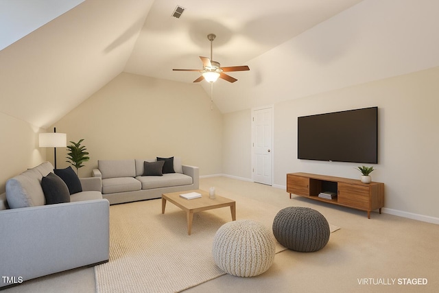 1016 Pasture View Ln, Raleigh, NC 27603 - living room featuring lofted ceiling, ceiling fan, and light carpet