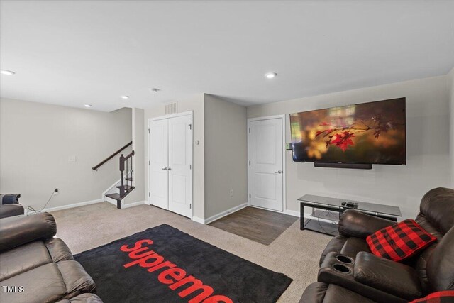 333 Amber Acorn Ave, Raleigh, NC 27603 - living room with carpet, stairs, and recessed lighting