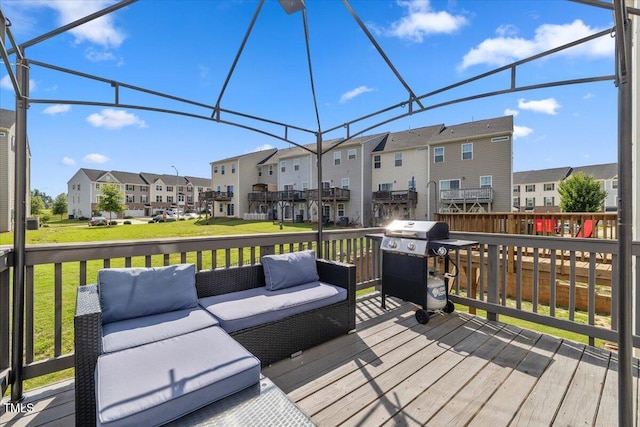 333 Amber Acorn Ave, Raleigh, NC 27603 - wooden deck featuring area for grilling, an outdoor living space, a residential view, and a yard