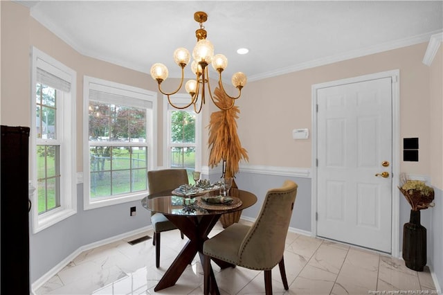 4010 Arcadia Ct, Fayetteville, NC 28311 - dining area with light marble finish floors, a chandelier, ornamental molding, and recessed lighting