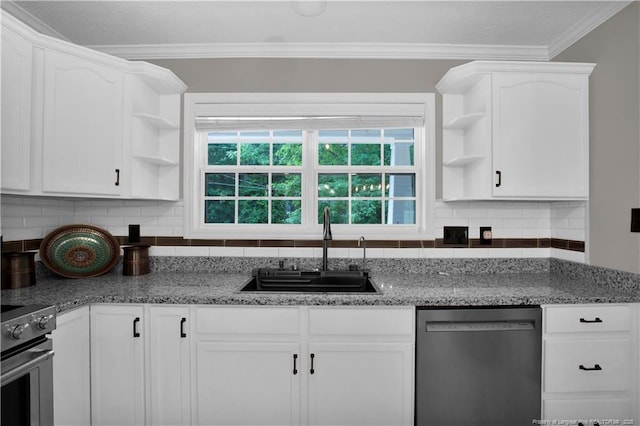4010 Arcadia Ct, Fayetteville, NC 28311 - kitchen featuring stainless steel dishwasher, open shelves, stove, crown molding, and white cabinetry