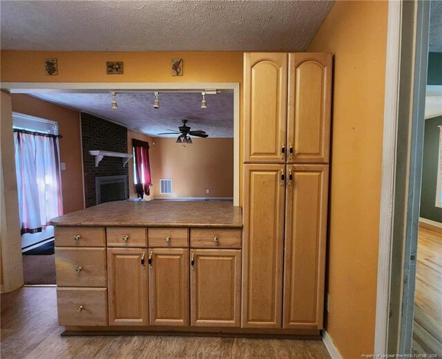 1519 Palmer Dr, Fayetteville, NC 28303 - kitchen with light wood-style flooring, a fireplace, a textured ceiling, ceiling fan, and a peninsula