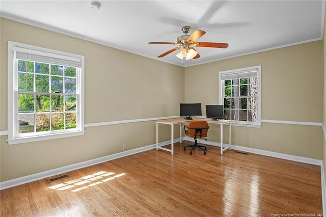 2613 N Edgewater Dr, Fayetteville, NC 28303 - unfurnished office with crown molding, wood finished floors, and ceiling fan
