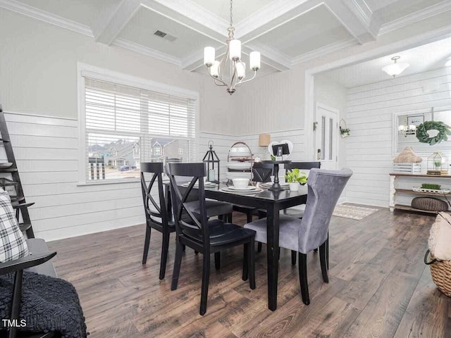 301 Porter Hill Dr, Youngsville, NC 27596 - dining room featuring a chandelier, coffered ceiling, dark wood finished floors, beamed ceiling, and ornamental molding