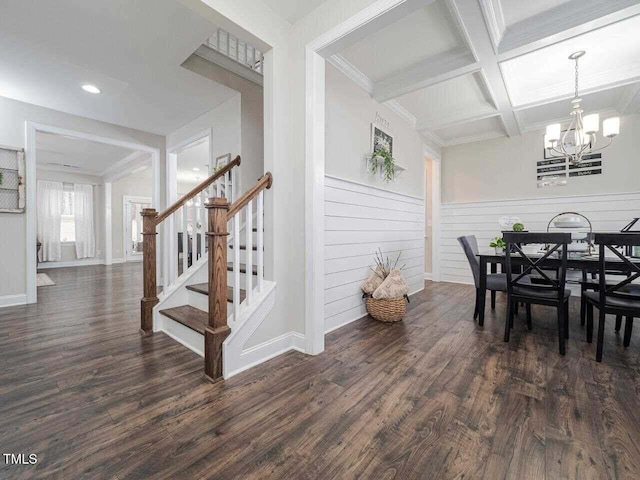 301 Porter Hill Dr, Youngsville, NC 27596 - dining area with stairs, coffered ceiling, a chandelier, recessed lighting, and beam ceiling