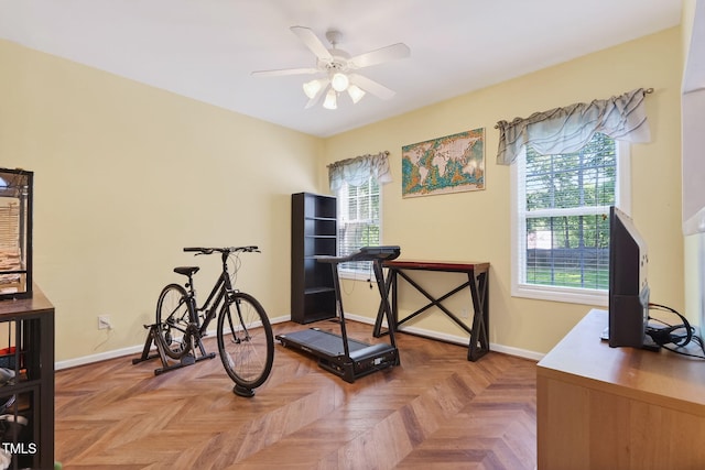 1205 Magnolia Hill Rd, Garner, NC 27529 - exercise area featuring a ceiling fan and baseboards