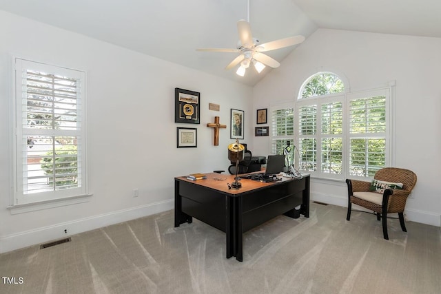 109 Fox Trap Ct, Garner, NC 27529 - office area featuring a ceiling fan, plenty of natural light, lofted ceiling, and light colored carpet