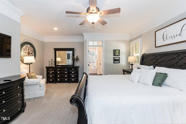 109 Fox Trap Ct, Garner, NC 27529 - bedroom featuring light carpet, ornamental molding, ensuite bathroom, and a ceiling fan