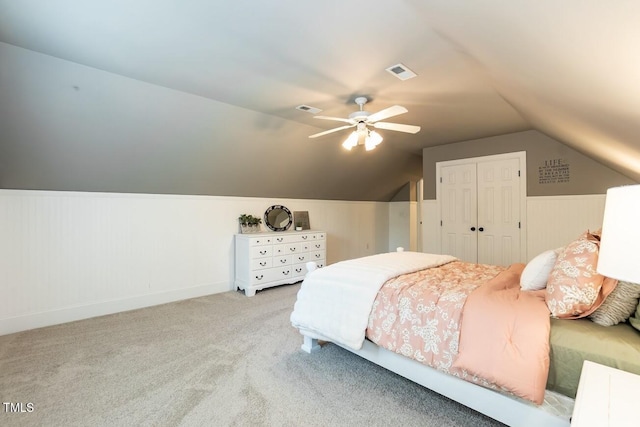 109 Fox Trap Ct, Garner, NC 27529 - bedroom featuring carpet flooring, vaulted ceiling, a closet, and a ceiling fan
