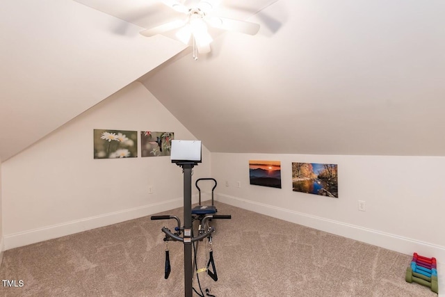 109 Fox Trap Ct, Garner, NC 27529 - exercise area featuring carpet floors, ceiling fan, and lofted ceiling