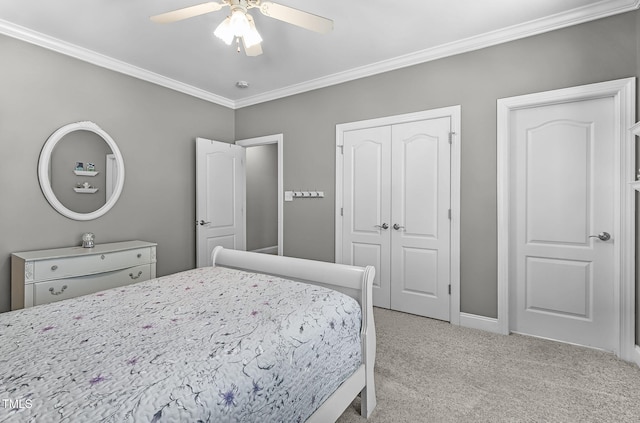 101 Tatum Ct, Holly Springs, NC 27540 - bedroom with light colored carpet, ornamental molding, a closet, and ceiling fan