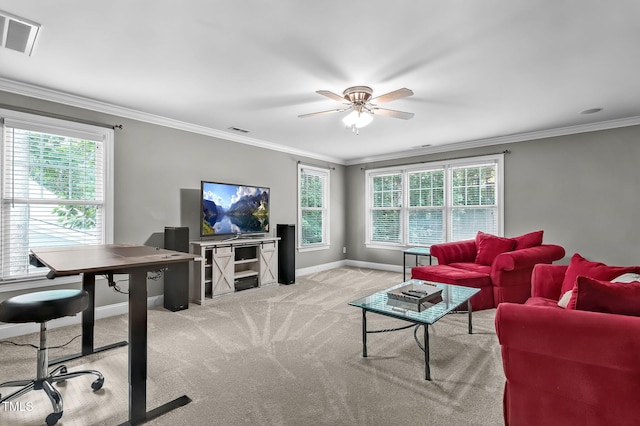 101 Tatum Ct, Holly Springs, NC 27540 - living room with light carpet, ceiling fan, plenty of natural light, and crown molding