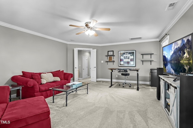 101 Tatum Ct, Holly Springs, NC 27540 - living room featuring a ceiling fan, carpet floors, and crown molding