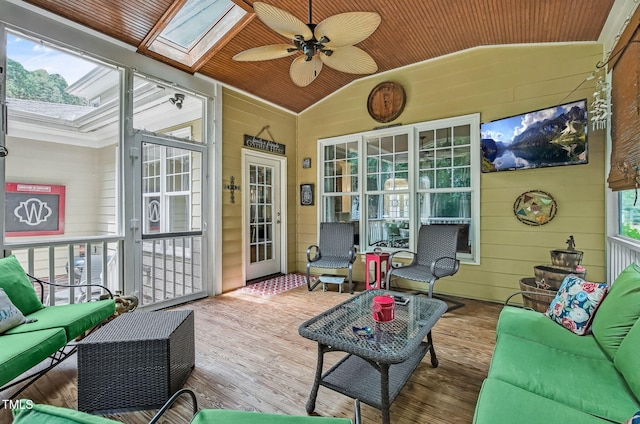 101 Tatum Ct, Holly Springs, NC 27540 - sunroom / solarium featuring an outdoor living space, vaulted ceiling, a skylight, and a ceiling fan