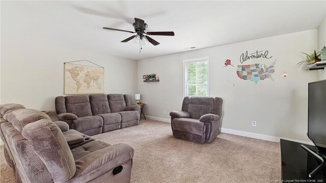 75 Bynum Ct, Carthage, NC 28327 - carpeted living area featuring a ceiling fan and baseboards