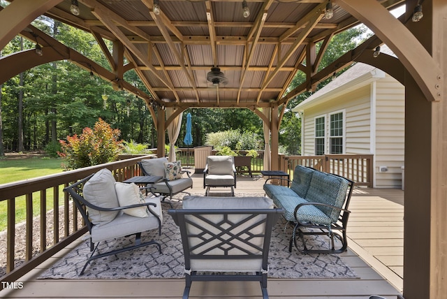 55 Kristopher Woods Dr, Youngsville, NC 27596 - wooden terrace featuring an outdoor living space, a yard, and a gazebo
