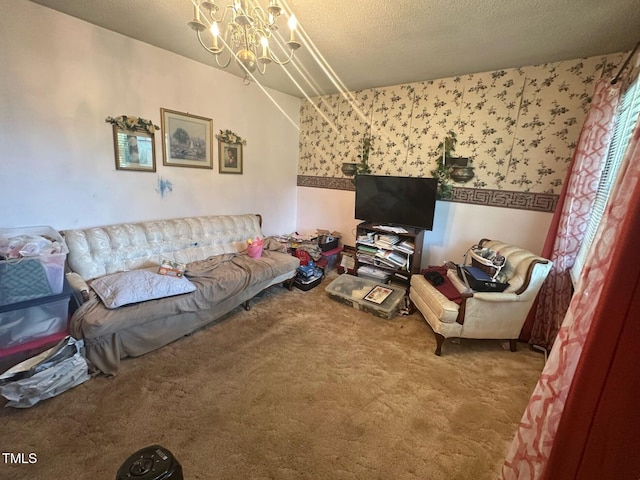 625 Revell Rd, Selma, NC 27576 - carpeted living area with wallpapered walls, a chandelier, and a textured ceiling